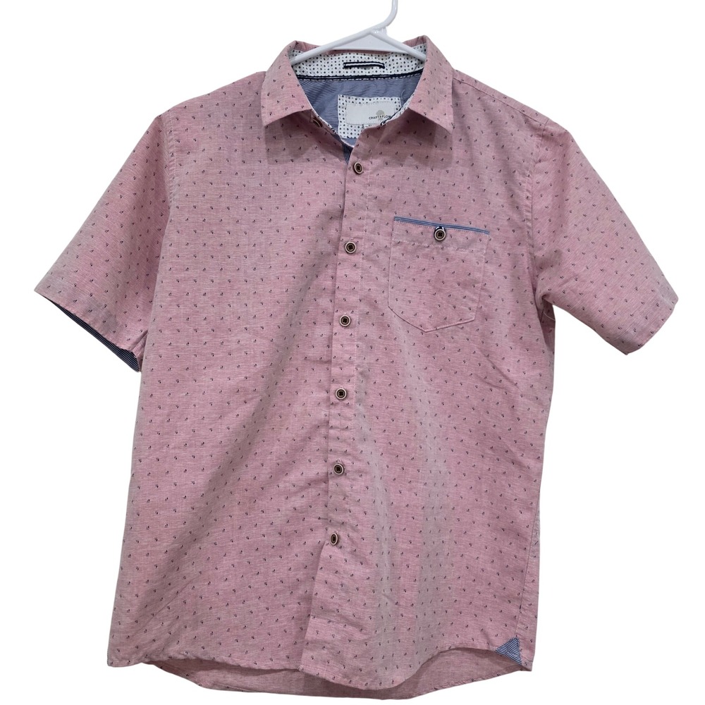 Craft + Flow Boys Salmon Pink Micro Print Short Sleeve Button Down Shirt Size L